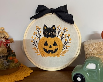 Black Cat with Pumpkin Embroidery Hoop Decor | Halloween Cottagecore Wall Art | Witchy Farmhouse Décor