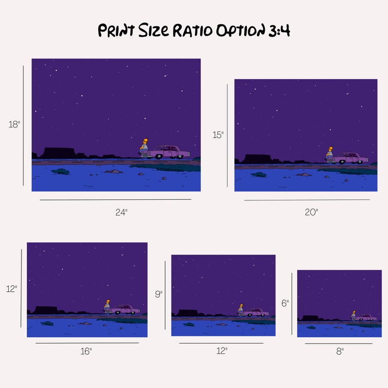 May include: A digital illustration of a cartoon character standing next to a car under a starry night sky. The image shows different print size options for the illustration, with measurements in inches.