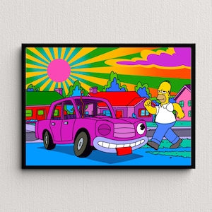 Homer Simpson, Stampa artistica digitale retrò Funky Car / Download istantaneo Arredamento per la casa stampabile / Poster digitale Simpsons, Regalo di arte della parete stampabile