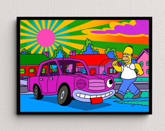 Homer Simpson, Retro Funky Car Digital Art Print / Descarga instantánea decoración del hogar imprimible / Póster digital de Los Simpson, regalo de arte de pared imprimible