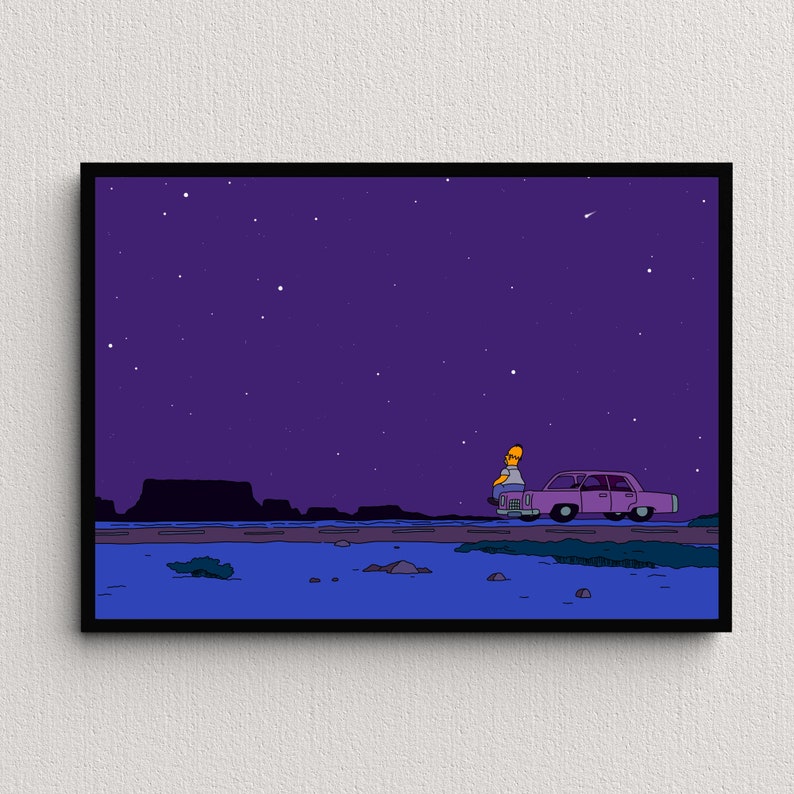 May include: A cartoon character sits on the back of a pink car, looking out at a starry night sky. The car is parked on a road in a desert landscape.
