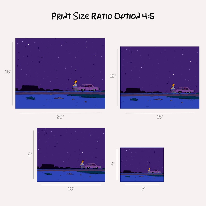 May include: Four different sizes of a print showing a cartoon image of a car driving on a road under a starry night sky. The print sizes are 50.8 cm by 40.6 cm, 38.1 cm by 30.5 cm, 25.4 cm by 20.3 cm, and 12.7 cm by 10.2 cm.