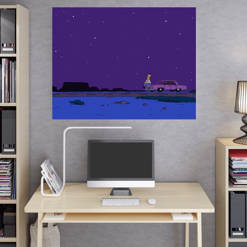 May include: A digital illustration of a cartoon character driving a pink car under a starry night sky. The character is sitting in the driver's seat and looking up at the stars. The car is driving on a road that is surrounded by mountains. The sky is a dark purple colour and the stars are white.