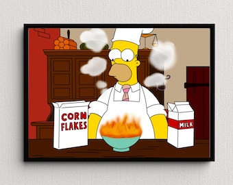 Homer Simpson Cereal Fire, Los Simpson Digital Art Print / Descarga instantánea imprimible decoración del hogar / Cartel de dibujos animados digitales Wall Art Gift