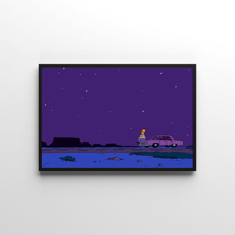 May include: A cartoon illustration of two yellow characters standing next to a purple car in a desert landscape under a starry night sky.