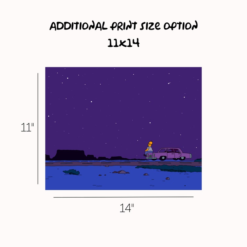 May include: A cartoon illustration of a yellow character sitting in a pink car, looking up at a starry night sky. The car is parked on a dirt road in front of a dark mountain range. The image is 11 inches by 14 inches.