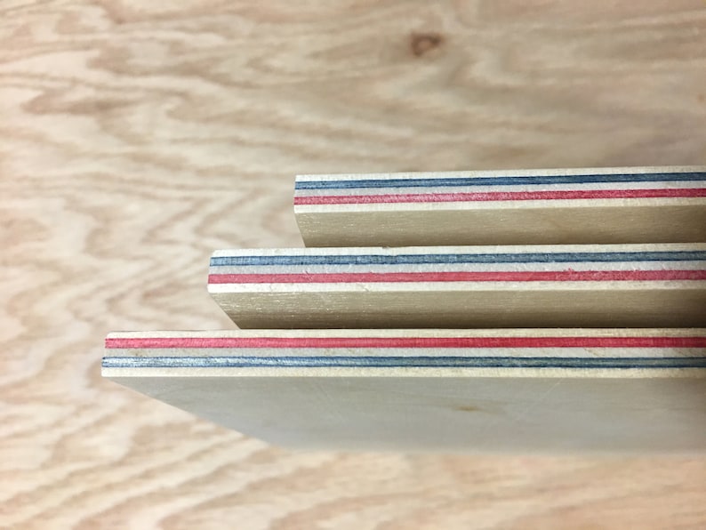 May include: Close-up of three pieces of plywood with red, blue, and white stripes along the edges.