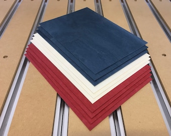 Chapa de abedul báltico teñida en rojo, blanco y azul de primera calidad: paquete de 10 láminas para carpintería (254 x 178 x 1,5 mm)