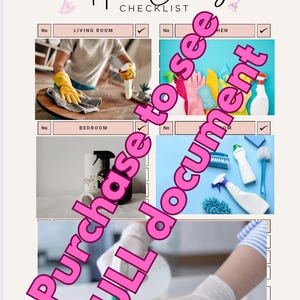 May include: A house cleaning checklist with the title "House Cleaning Checklist" in a handwritten font. The checklist includes images of cleaning supplies and tasks, with the words "Living Room", "Bedroom", and "Kitchen". The words "Purchase to see FULL document" are overlaid on the image.