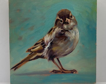 Female Sparrow, Bird oil painting, original art, wall art,