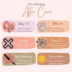 May include: A graphic with instructions for microblading aftercare. The graphic has six colorful boxes with icons and text. The text includes: Day 1-7, Avoid excessive Steam and Water, Avoid Touching, rubbing or picking, No Makeup Avoid makeup on eyebrows for 14 days, Day 7+ Gently wash brows with soap and water, Day 1-7 Apply Healing cream 2-3 times daily, Sunscreen The sun will fade your eyebrows quicker.