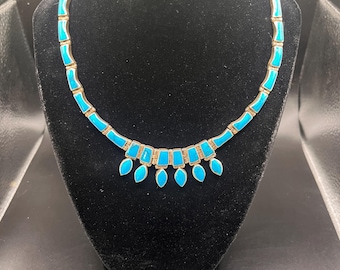 Beautiful Vintage Mexican 950 Silver Block TQ Hinged Necklace and Bracelet Set