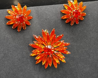 Vintage Signed Judy Lee Orange Floral Rhinestones Jewelry Set, Brooch and Earrings