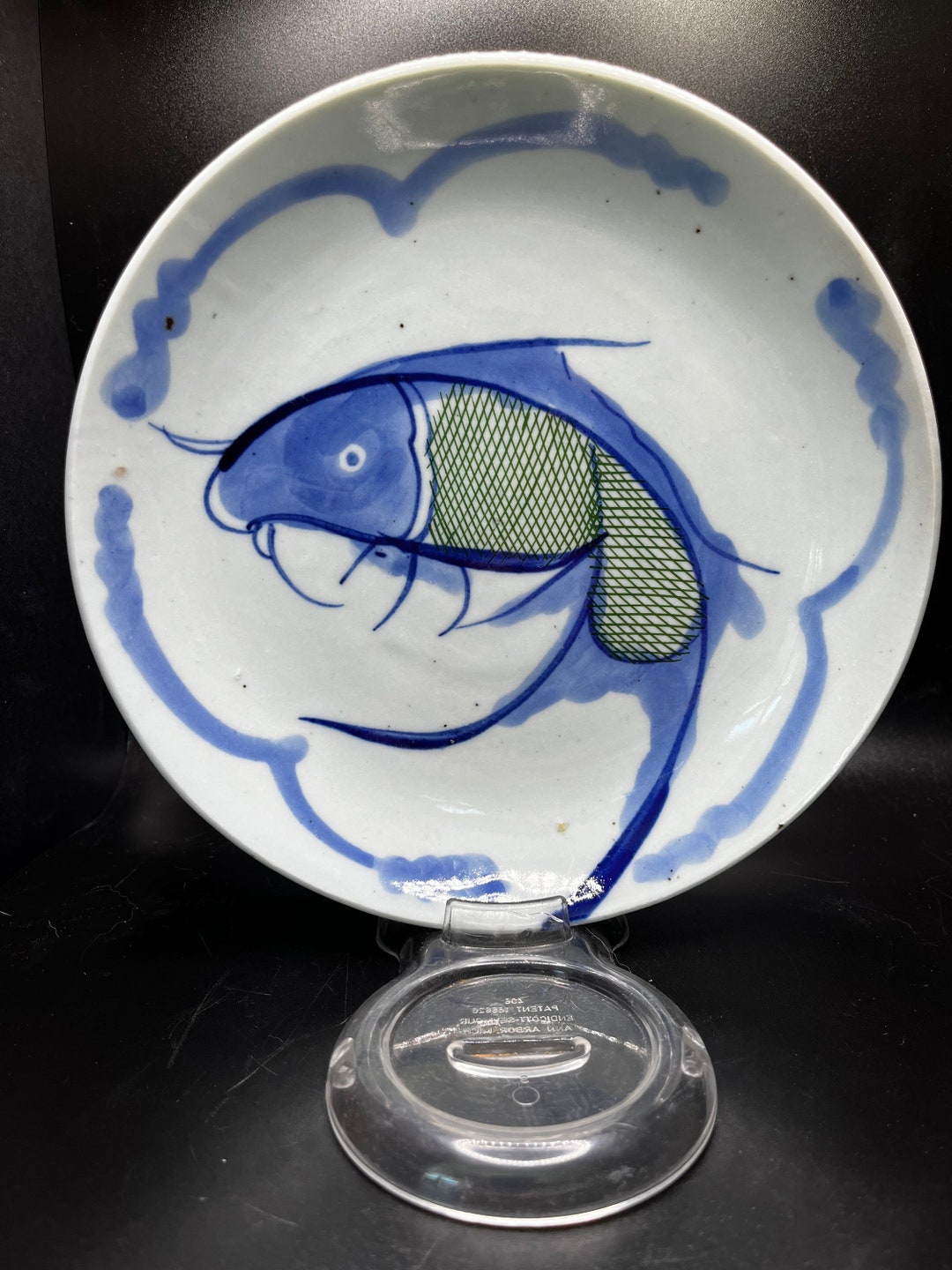 SIGNED Antique Chinese Fish Plate Bowl, Set Available Blue Cobalt
