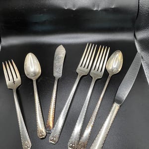 May include: A set of vintage silverware, including forks, spoons, and a butter knife. The silverware is made of silverplate and features a decorative design with a grape motif.