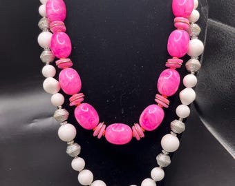 Beautiful Vintage 1950s Beaded Pink Bubblegum and White Necklaces, Set of Two!