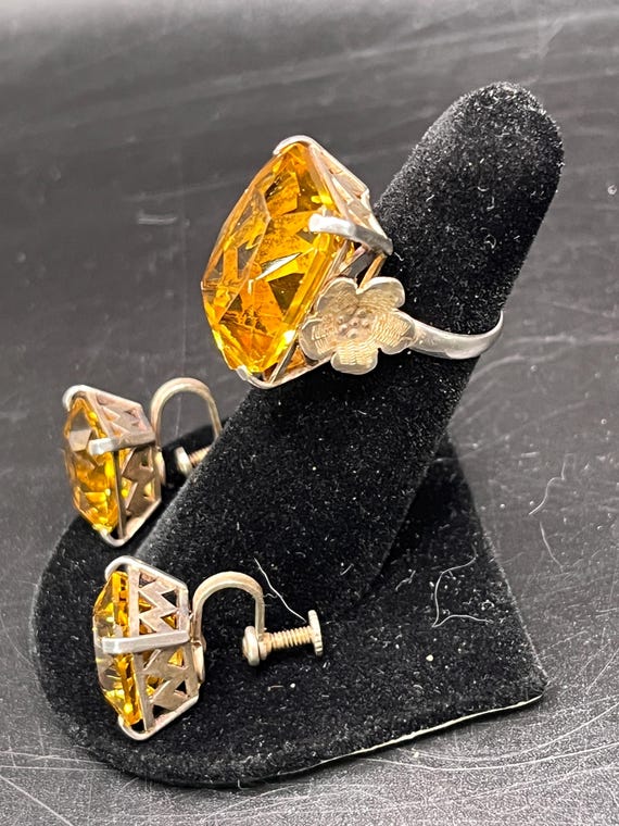 Antique Paste Stone Silver Ring and Earrings Set,… - image 3