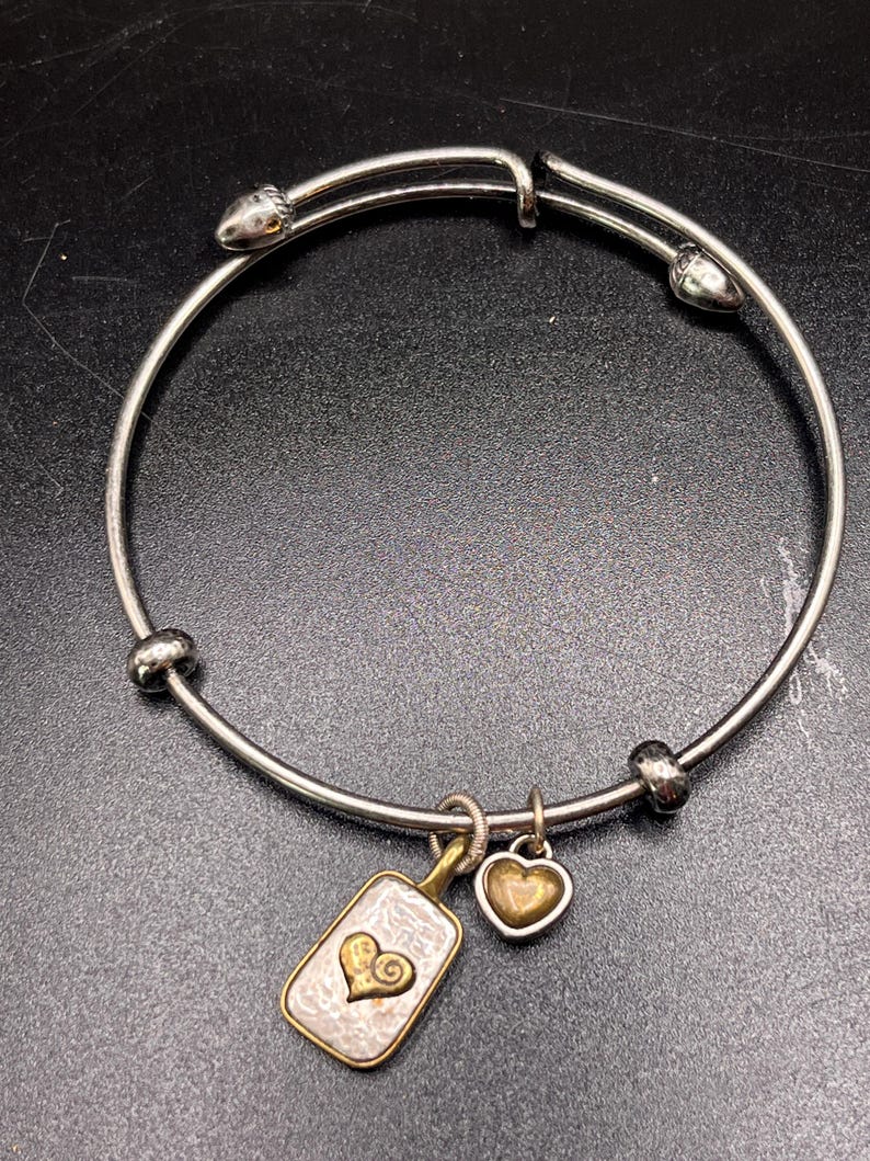 K&ouml;nnte beinhalten: Silberfarbenes Armreif-Armband mit zwei Anh&auml;ngern. Ein Anh&auml;nger ist ein rechteckiger Anh&auml;nger mit einem goldenen Herzdesign, der andere ein kleines goldenes Herz. Das Armband hat einen Schiebeverschluss.