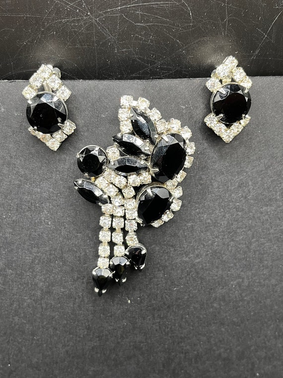 Vintage Black and Clear Rhinestone Brooch and Earr