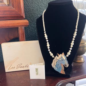Vintage Lee Sands Inlaid Mother of Pearl Beaded Horse Head Necklace, New, in Original Box