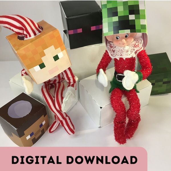 Classic Minecraft Characters Heads - Easy Elf Idea - Elf Survival -  Digital Download - Printable - Prop Accessor- Christmas Elf Doll