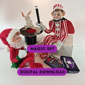 May include: A magic set with two elf figurines, a top hat with a rabbit, and a magic wand. The elves wear red and white outfits. The words "MAGIC SET" and "DIGITAL DOWNLOAD" are displayed on the image.