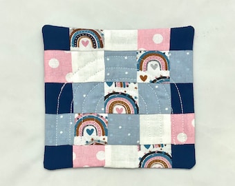 Pink and Navy Neutrals Rainbow Quilted Mug Rug or Coaster, Gift for Her, Great Gift for Teacher or Coworker