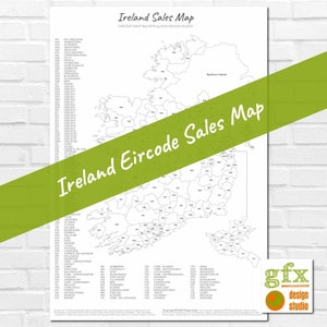 Irland Eircode Verkaufskarte, irische Postleitzahlenkarte, Geschäftsverkaufskarte, Farbe in Karte, Irland Postleitzahlen, A3 & A4 druckbare irische Eircodes Karte