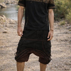 NOMAD HAREM SHORTS - Black/Brown - Boho Festival Tribal Clothing Handmade Natural Utility Earthy Gypsy Outdoor Bohemian Pockets Shorts image 1