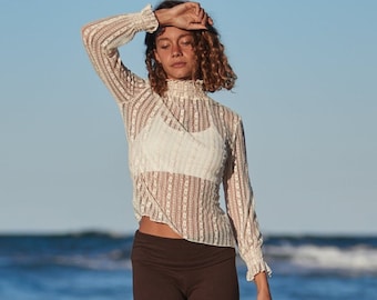 Top de manga larga con encaje burlesco - Crema - Ropa de festival bohemia, natural, terroso, hecho a mano, estilo bohemio, tribal, duendecillo, hada, algodón, estilo nómada