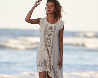 LONG BACK TRIBAL Dress - Cream - Earthy Tribal Festival Clothing Natural Handmade Boho Tribal Print High-Low Cotton Dress