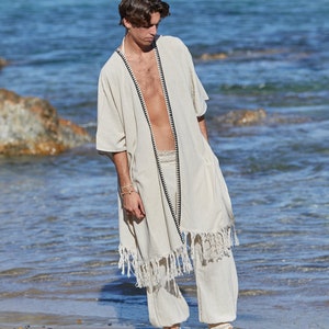 KIMONO TRIBAL DESHEBRADO para hombre - Ceremonia de festival orgánico tribal terroso hecho a mano chamánico bohemio natural bohemio bata vestido largo caftán