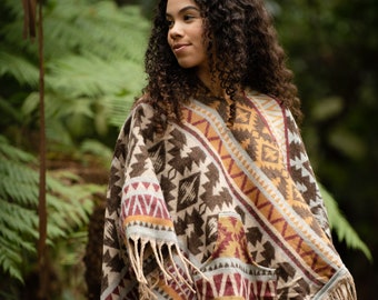 PRIMAL PONCHO - BROWN - Earthy Tribal Clothing Natural Hooded Poncho Handmade Festival Boho Ritual Cape