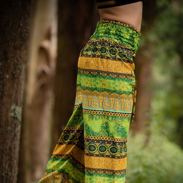 YOGA SAVASANA PANTS - Lemon Lime - Tribal Festival Clothing Handmade Natural Boho Earthy Gypsy Style Loose Bohemian Pockets Yoga Pants