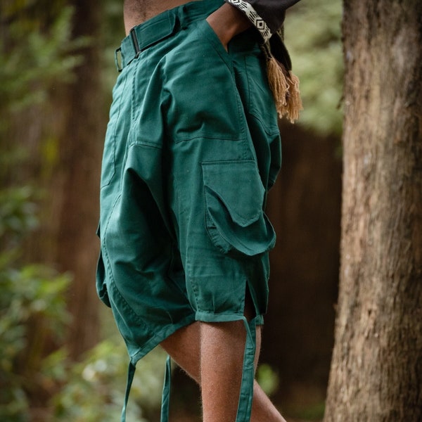 YARO SHORTS - Aqua/Green - Festival Earthy Boho Tribal Organic Clothing Handmade Natural Utility Gypsy Outdoor Bohemian Pockets Shorts