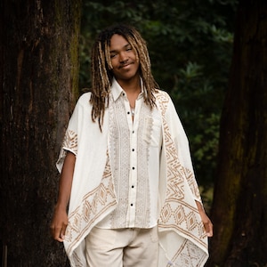 MUSE KIMONO for MEN - White - Festival Tribal Earthy Clothing Handmade Boho Natural Organic Shaman Tribal Cape Bohemian Poncho Ritual Kaftan