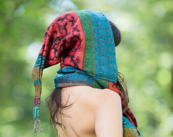 ARTIST HOODIE SCARF - Multicolor - Earthy Tribal Organic Festival Handmade Boho Fairy Block Print Gypsy Style Pixie Bohemian Scarf