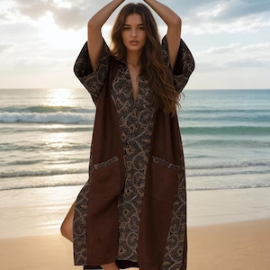 SHIPIBO KIMONO - Brown - Tribal Organic Festival Earthy Tribal Handmade Shamanic Boho Natural Icaro Bohemian Robe Long Dress Kaftan