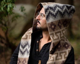 MOUNTAIN ALPACA GEOMETRIC Scarf For Men - Boho Festival Tribal Clothing Handmade Natural Organic Earthy Bohemian Gypsy Style Geometric Scarf