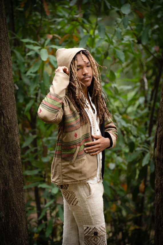 WOODLAND JACKET Olive Festival Handmade Boho Clothing Natural Organic  Acrylic Wool Winter Striped Tribal Bohemian Pockets Jumper Jacket