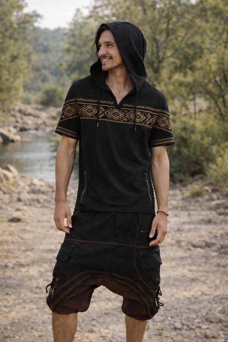 NOMAD HAREM SHORTS - Black/Brown - Boho Festival Tribal Clothing Handmade Natural Utility Earthy Gypsy Outdoor Bohemian Pockets Shorts image 1