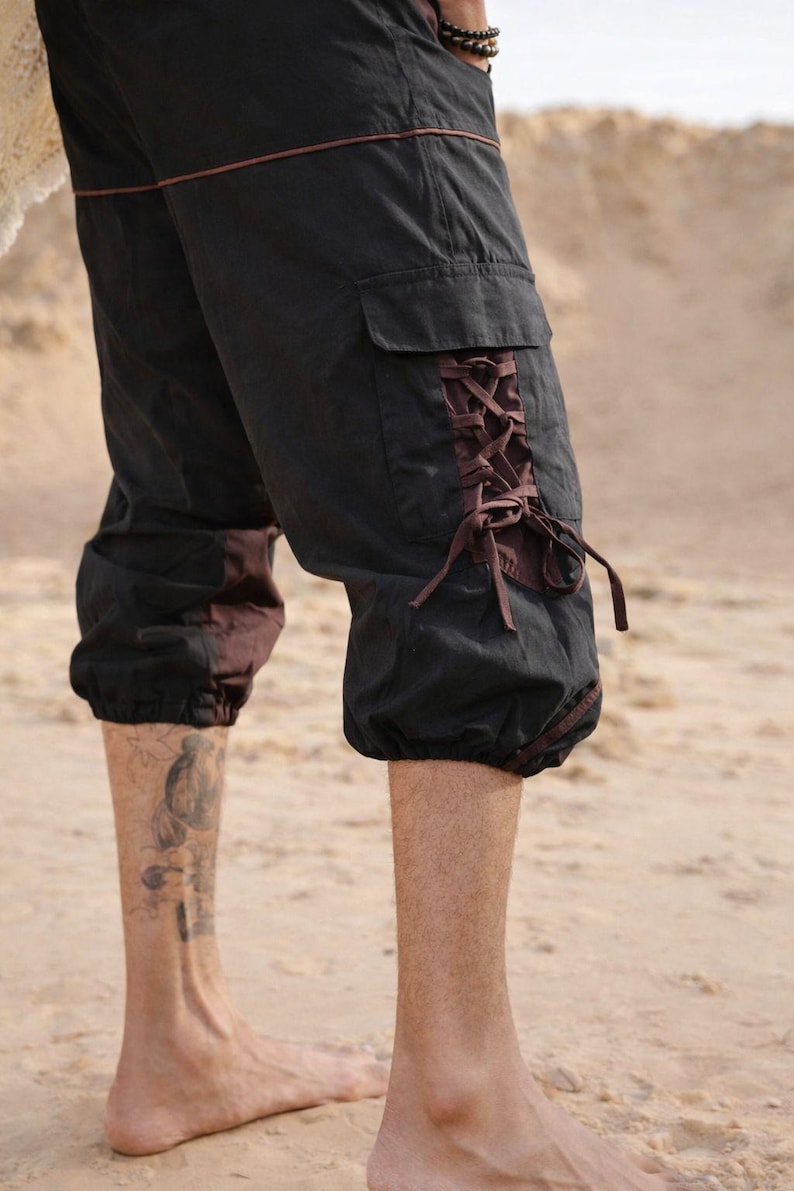 NOMAD HAREM SHORTS - Black/Brown - Boho Festival Tribal Clothing Handmade Natural Utility Earthy Gypsy Outdoor Bohemian Pockets Shorts image 2