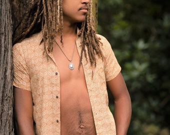 AYA HIPPIE SHIRT - Geometric - Bohemian Earthy Festival Natural Organic Handmade Gypsy Collared Tribal Boho Geometric Printed Hippie Shirt