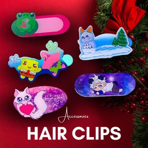 Kawaii Fanart Hair Clips | Hair Accessories | Cute Animals | Women and Kids Hair Clips | Barrette | Acrylic Snap Hair Clip | Cat | frog