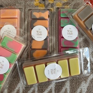 May include: Assortment of six wax melts in various colours and scents, packaged in clear plastic containers with the logo "Wax Hub Est. 2022".