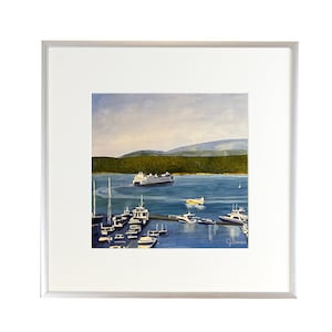 12x12 framed print of Friday Harbor - San Juan Island in Washington State signed watercolor painting with silver metal frame