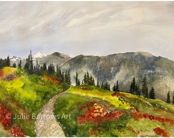 Mount Baker - Chain Lakes Hiking Trail in Washington State signed print of watercolor painting by Julie Barrows