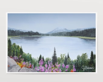 Mount Rainier signierter Aquarelldruck: Misty Reflection Lake, Washington State