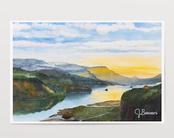Sunrise On Columbia River Gorge Oregon signed print of watercolor painting