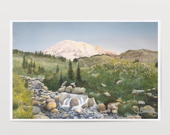 Mount Rainier Sonnenaufgang signierter Aquarelldruck: Paradise Skyline Loop, Washington State